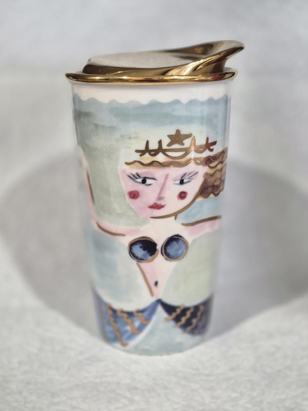 Starbucks 2014 Siren Mermaid Ceramic Travel Tumbler 12oz Watercolor Gold Lid Mug